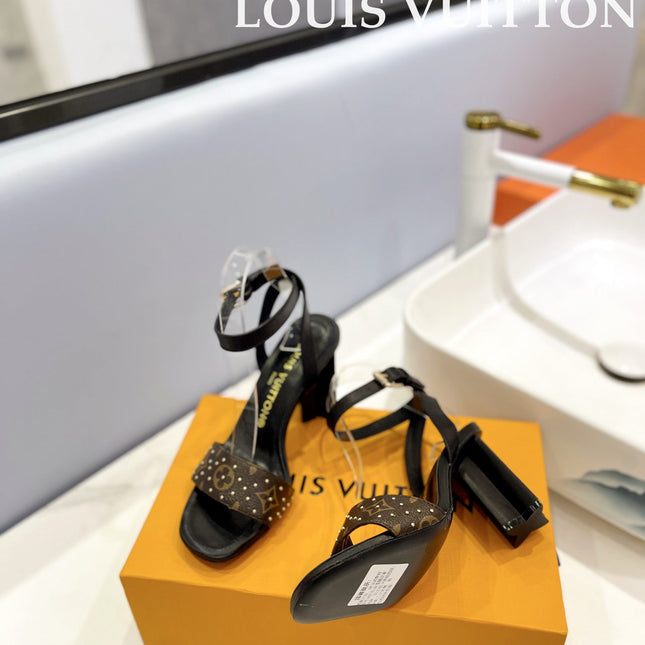 LV 26S HIGH HEEL SANDALS 80 MM IN BLACK AND DARK BROWN MONOGRAM CANVAS WITH STUDS