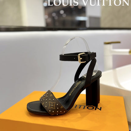 LV 26S HIGH HEEL SANDALS 80 MM IN BLACK AND DARK BROWN MONOGRAM CANVAS WITH STUDS