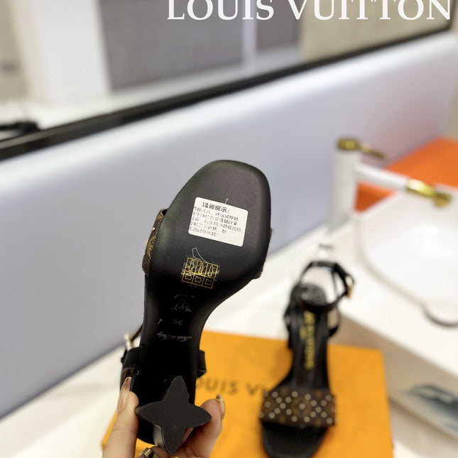 LV 26S HIGH HEEL SANDALS 80 MM IN BLACK AND DARK BROWN MONOGRAM CANVAS WITH STUDS