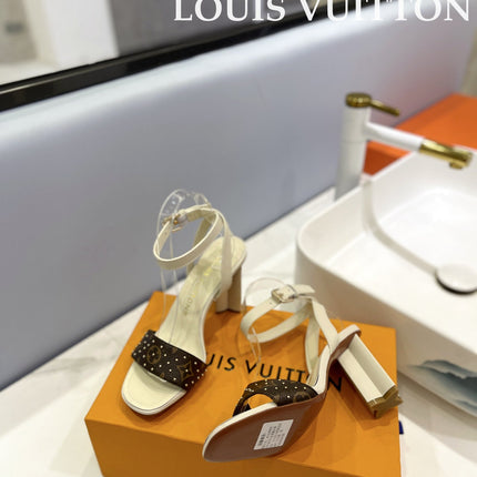 LV 26S HIGH HEEL SANDALS 80 MM IN BEIGE AND DARK BROWN MONOGRAM CANVAS WITH STUDS