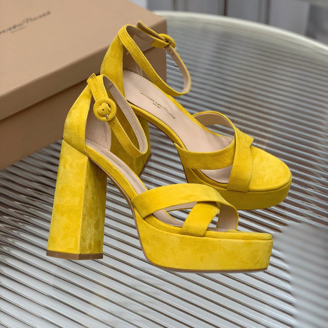 GIANVITO ROSSI 26S PLATFORM SANDALS 115 MM IN YELLOW SUEDE