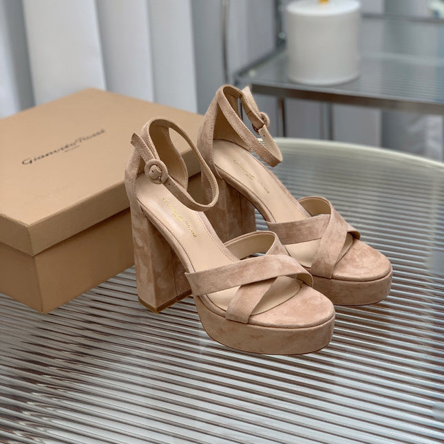 GIANVITO ROSSI 26S PLATFORM SANDALS 115 MM IN BEIGE SUEDE