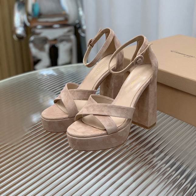 GIANVITO ROSSI 26S PLATFORM SANDALS 115 MM IN BEIGE SUEDE