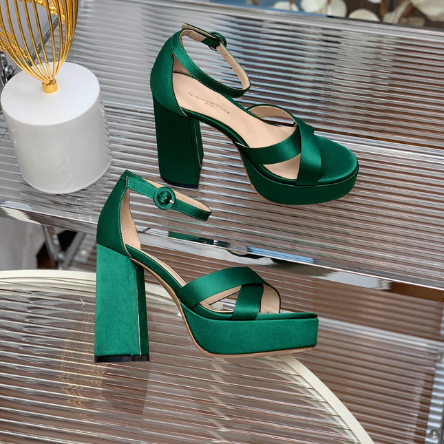 GIANVITO ROSSI 26S PLATFORM SANDALS 115 MM IN DARK GREEN SATIN