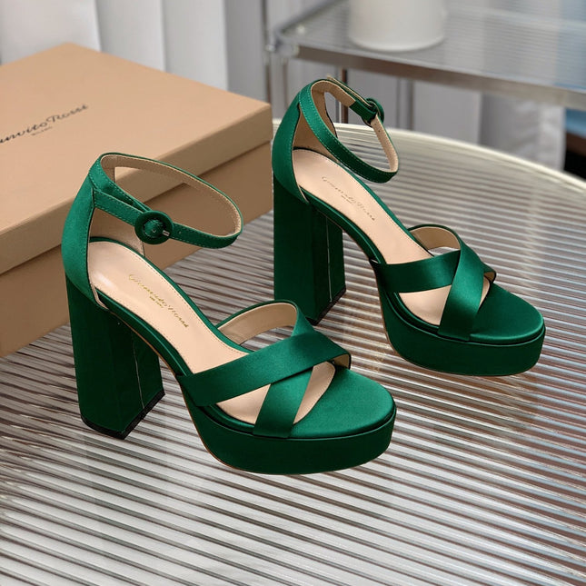 GIANVITO ROSSI 26S PLATFORM SANDALS 115 MM IN DARK GREEN SATIN