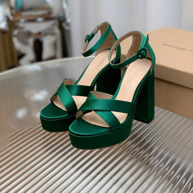 GIANVITO ROSSI 26S PLATFORM SANDALS 115 MM IN DARK GREEN SATIN