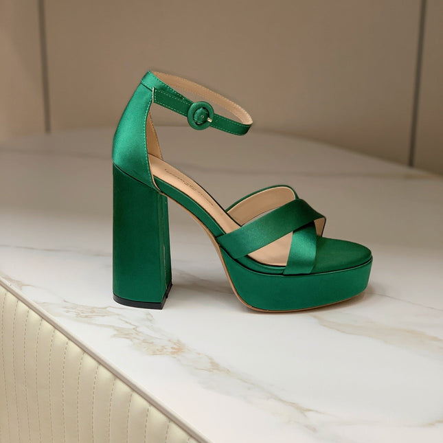 GIANVITO ROSSI 26S PLATFORM SANDALS 115 MM IN DARK GREEN SATIN