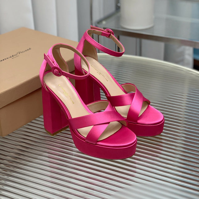 GIANVITO ROSSI 26S PLATFORM SANDALS 115 MM IN PINK SATIN