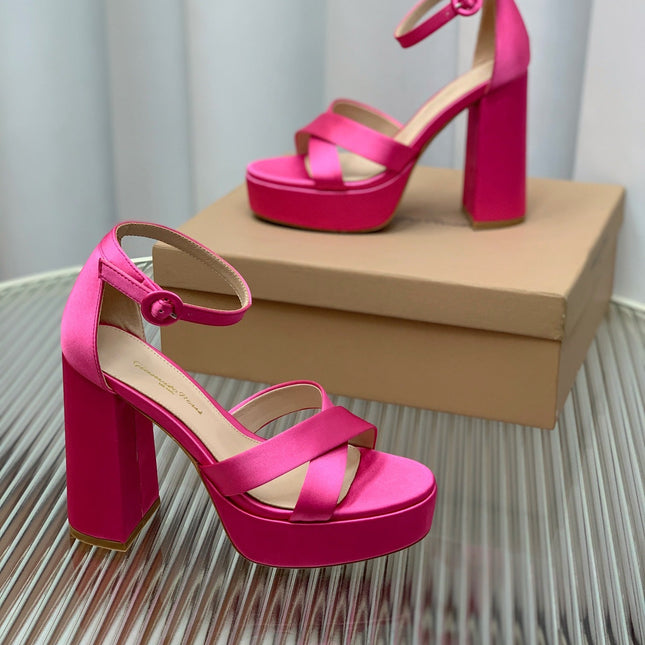 GIANVITO ROSSI 26S PLATFORM SANDALS 115 MM IN PINK SATIN