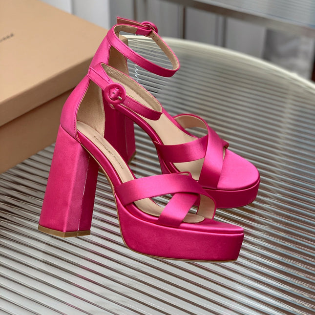 GIANVITO ROSSI 26S PLATFORM SANDALS 115 MM IN PINK SATIN