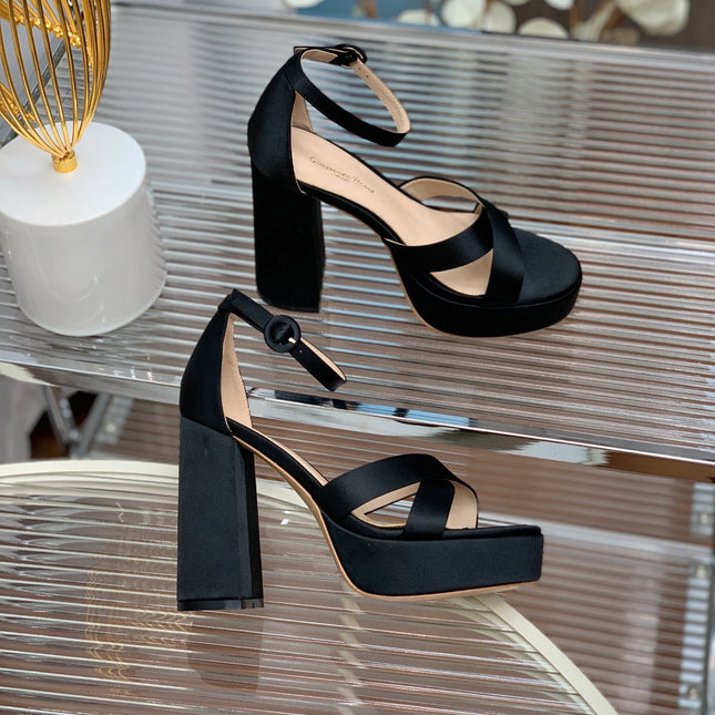 GIANVITO ROSSI 26S PLATFORM SANDALS 115 MM IN BLACK SATIN