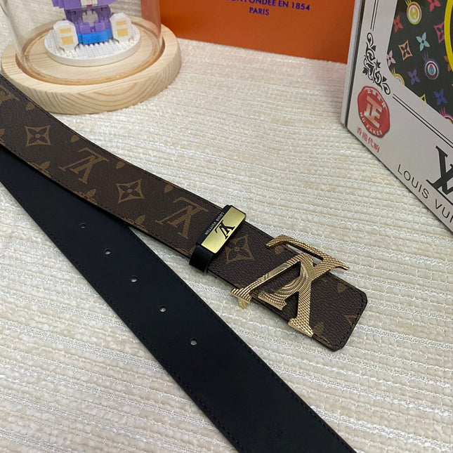 LV 25S BELT 38 MM IN DARK BROWN CALFSKIN PRINT PATTERNS 593286