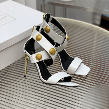 BALMAIN 25S CROSSOVER STRAP HIGH HEELS 95MM IN LIGHT GRAY CALFSKIN