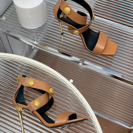 BALMAIN 25S CROSSOVER STRAP HIGH HEELS 95MM IN BROWN CALFSKIN