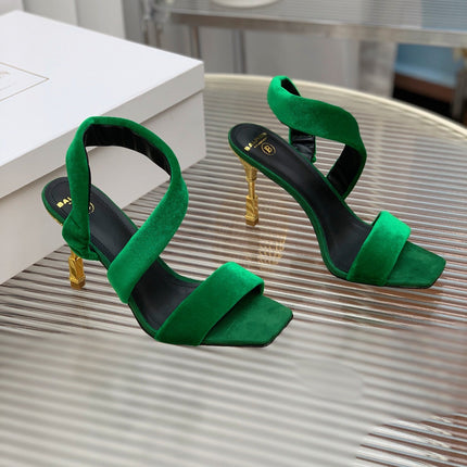 BALMAIN 25S MONETA HEELED SANDALS 95MM IN DARK GREEN VELVET