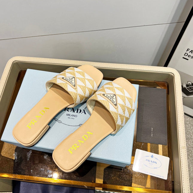 PRA EMBROIDERED SLIDES FLAT BEIGE FABRIC
