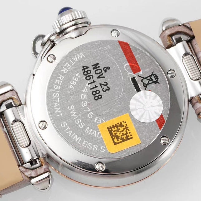 PASHA DE CARTIER WATCH SILVER CASE WITH ROSE BROWN LEATHER STRAP