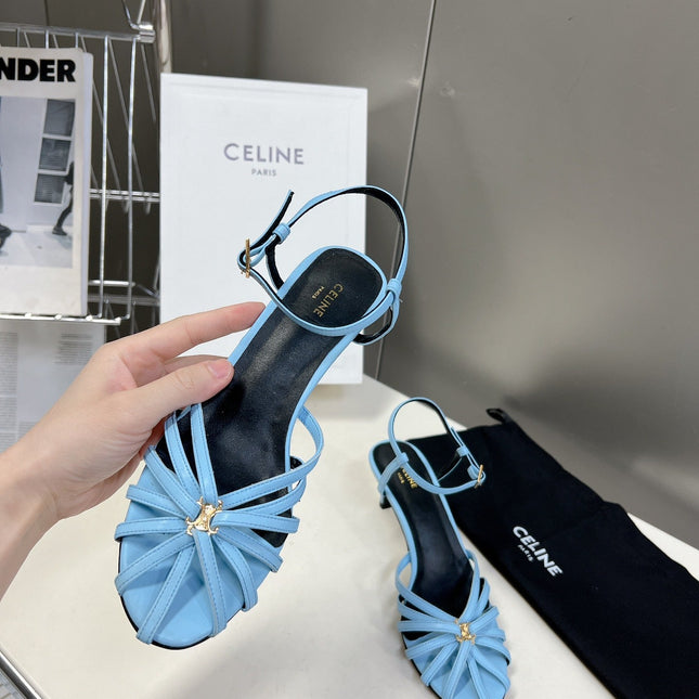 CELINE 26S KNOT STRAPPY SANDALS 60MM IN SKY BLUE CALFSKIN