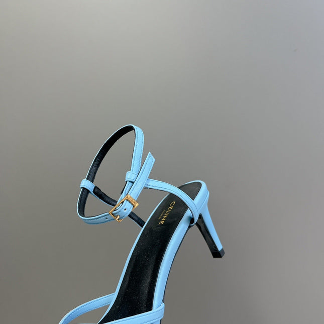CELINE 26S KNOT STRAPPY SANDALS 60MM IN SKY BLUE CALFSKIN