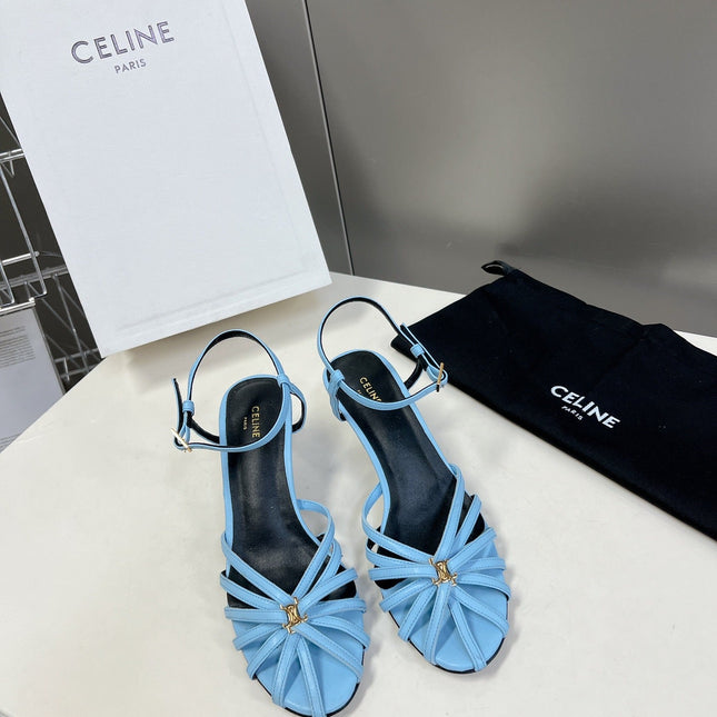 CELINE 26S KNOT STRAPPY SANDALS 60MM IN SKY BLUE CALFSKIN