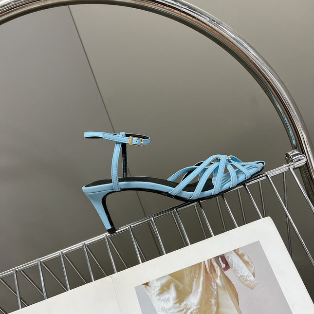 CELINE 26S KNOT STRAPPY SANDALS 60MM IN SKY BLUE CALFSKIN