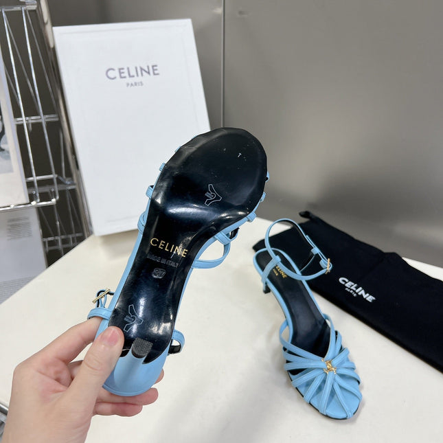 CELINE 26S KNOT STRAPPY SANDALS 60MM IN SKY BLUE CALFSKIN