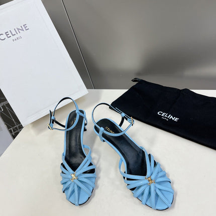 CELINE 26S KNOT STRAPPY SANDALS 60MM IN SKY BLUE CALFSKIN