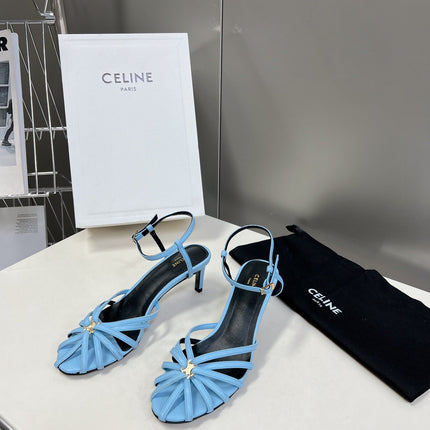CELINE 26S KNOT STRAPPY SANDALS 60MM IN SKY BLUE CALFSKIN