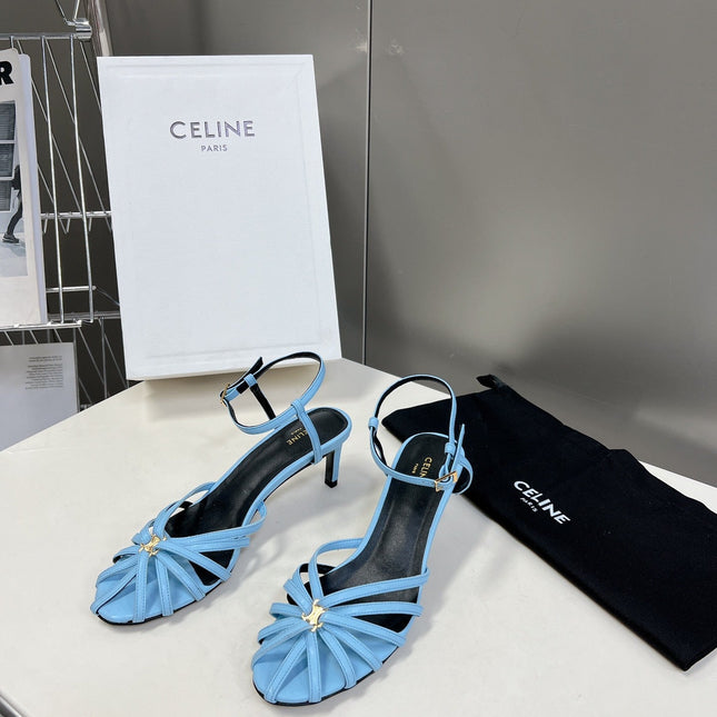 CELINE 26S KNOT STRAPPY SANDALS 60MM IN SKY BLUE CALFSKIN