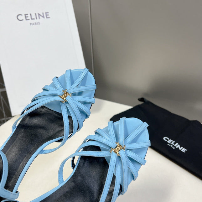 CELINE 26S KNOT STRAPPY SANDALS 60MM IN SKY BLUE CALFSKIN