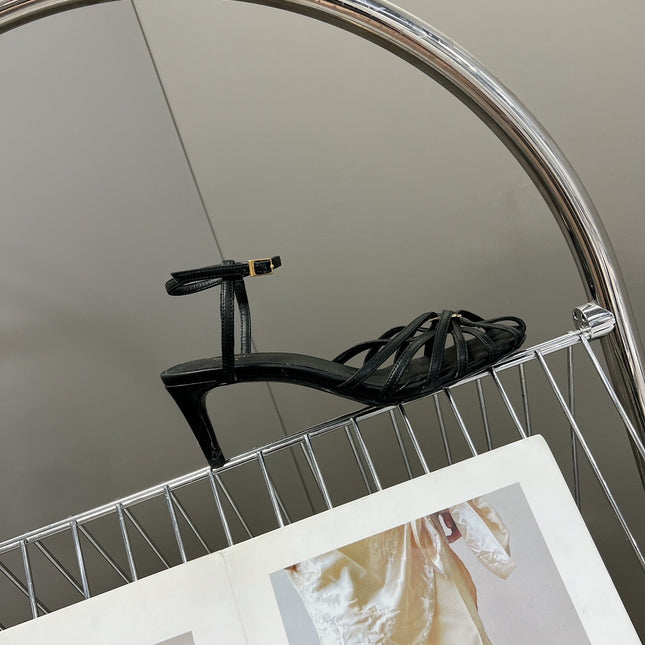 CELINE 26S KNOT STRAPPY SANDALS 60MM IN BLACK CALFSKIN
