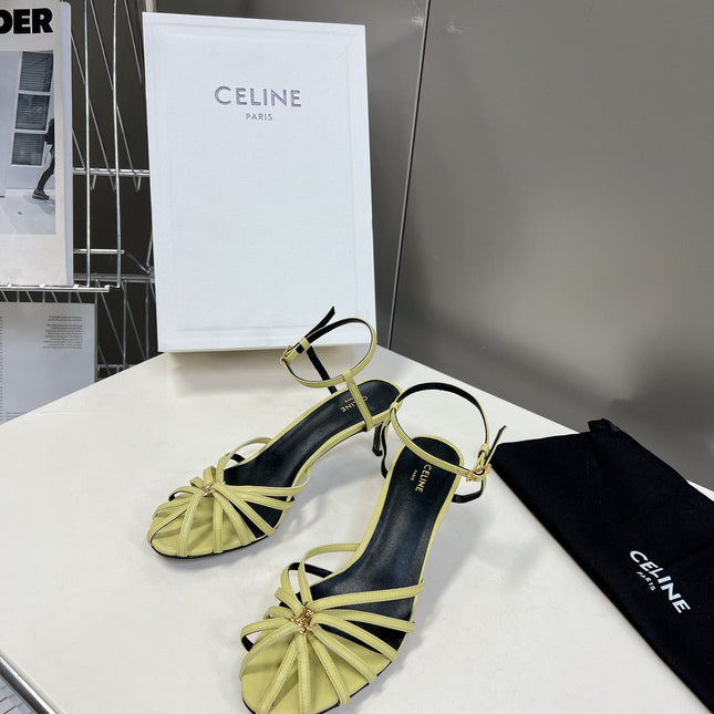CELINE 26S KNOT STRAPPY SANDALS 60MM IN LIME YELLOW GREEN CALFSKIN