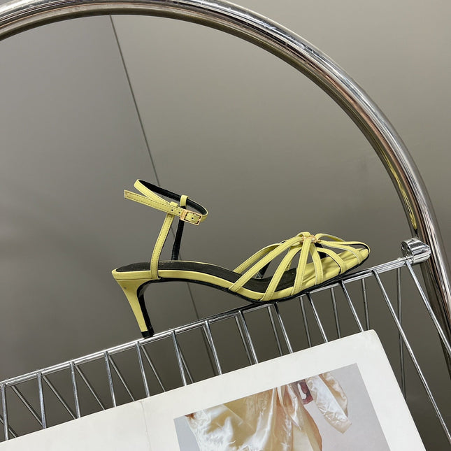 CELINE 26S KNOT STRAPPY SANDALS 60MM IN LIME YELLOW GREEN CALFSKIN