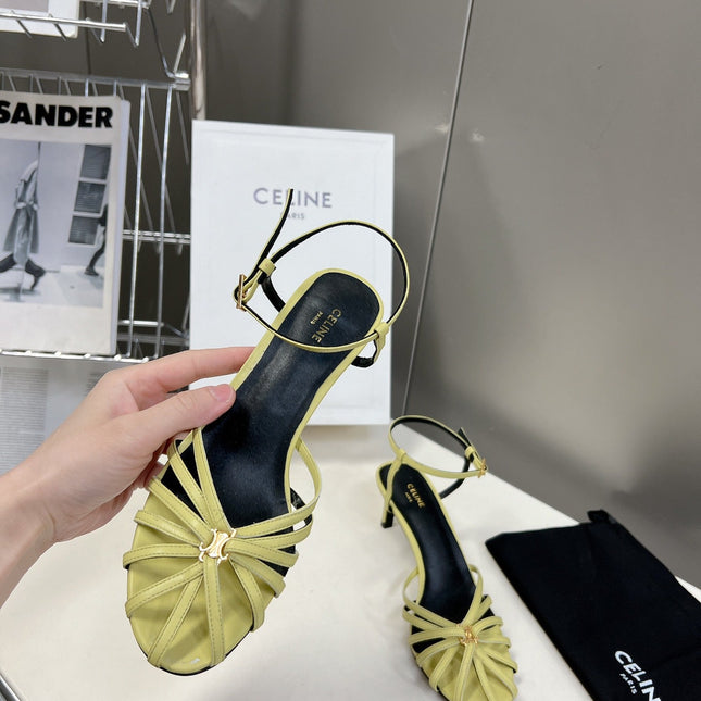 CELINE 26S KNOT STRAPPY SANDALS 60MM IN LIME YELLOW GREEN CALFSKIN
