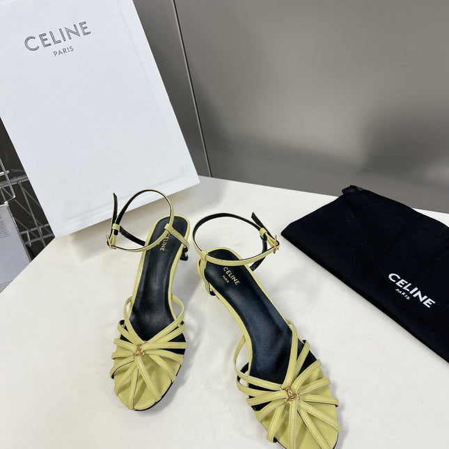 CELINE 26S KNOT STRAPPY SANDALS 60MM IN LIME YELLOW GREEN CALFSKIN