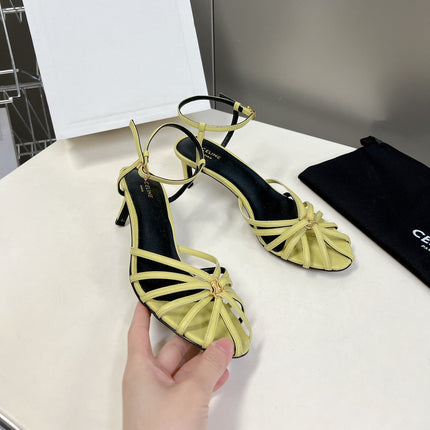 CELINE 26S KNOT STRAPPY SANDALS 60MM IN LIME YELLOW GREEN CALFSKIN