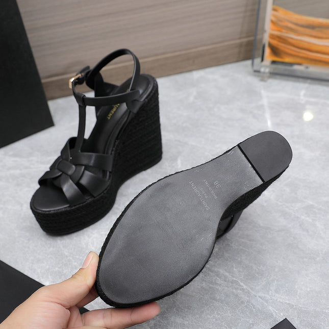YSL TRIBUTE ESPADRILLE WEDGE SANDALS 105MM IN BLACK CALFSKIN