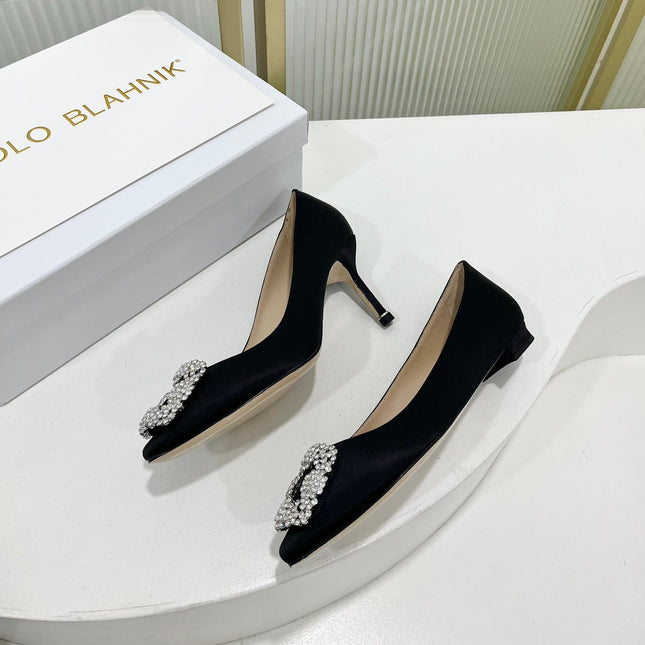 Manolo Hangisi Black Satin Jewel Buckle Pump 95