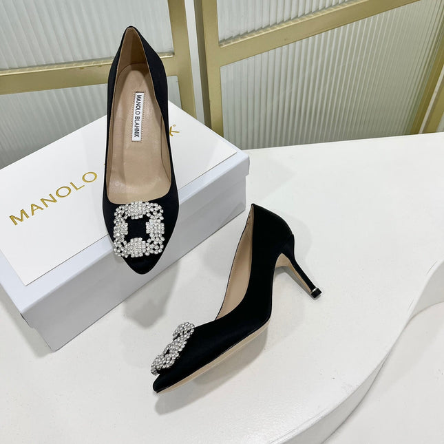 Manolo Hangisi Black Satin Jewel Buckle Pump 95