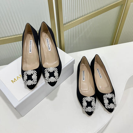 Manolo Hangisi Black Satin Jewel Buckle Pump 95