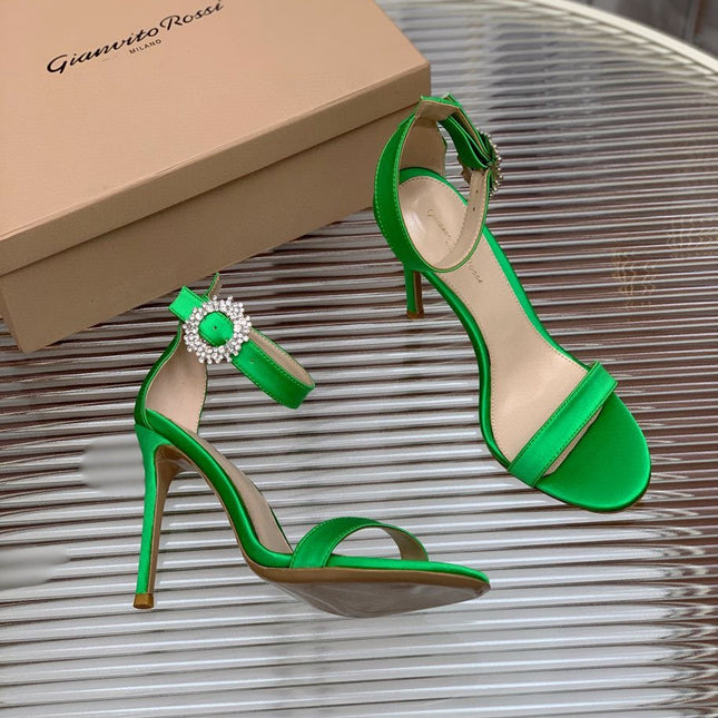 GIANVITO ROSSI 26S HIGH HEEL SANDALS 105 MM IN GREEN FABRIC WITH CRYSTAL BUCKLE