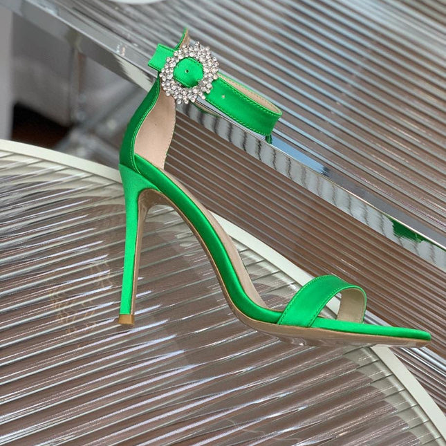 GIANVITO ROSSI 26S HIGH HEEL SANDALS 105 MM IN GREEN FABRIC WITH CRYSTAL BUCKLE