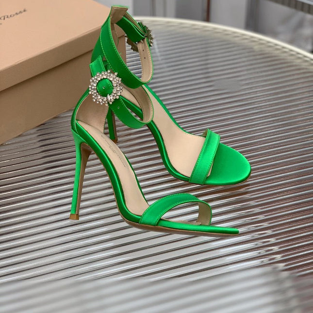 GIANVITO ROSSI 26S HIGH HEEL SANDALS 105 MM IN GREEN FABRIC WITH CRYSTAL BUCKLE