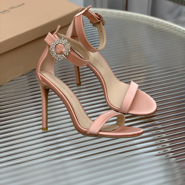 GIANVITO ROSSI 26S HIGH HEEL SANDALS 105 MM IN PASTEL PINK FABRIC WITH CRYSTAL BUCKLE