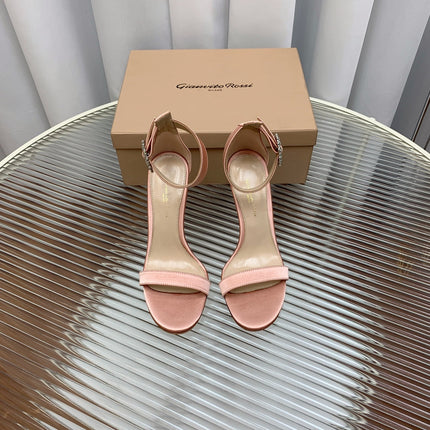 GIANVITO ROSSI 26S HIGH HEEL SANDALS 105 MM IN PASTEL PINK FABRIC WITH CRYSTAL BUCKLE