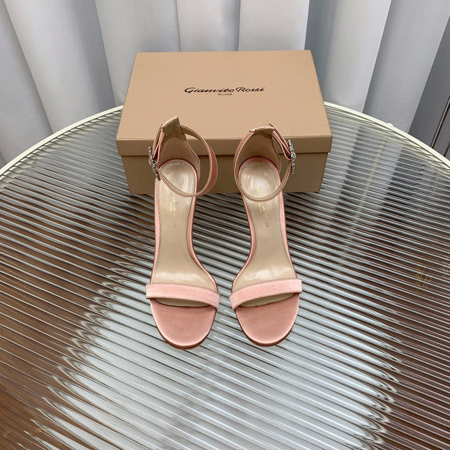 GIANVITO ROSSI 26S HIGH HEEL SANDALS 105 MM IN PASTEL PINK FABRIC WITH CRYSTAL BUCKLE