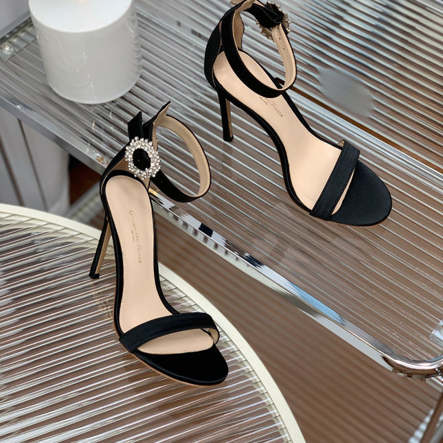 GIANVITO ROSSI 26S HIGH HEEL SANDALS 105 MM IN BLACK FABRIC WITH CRYSTAL BUCKLE