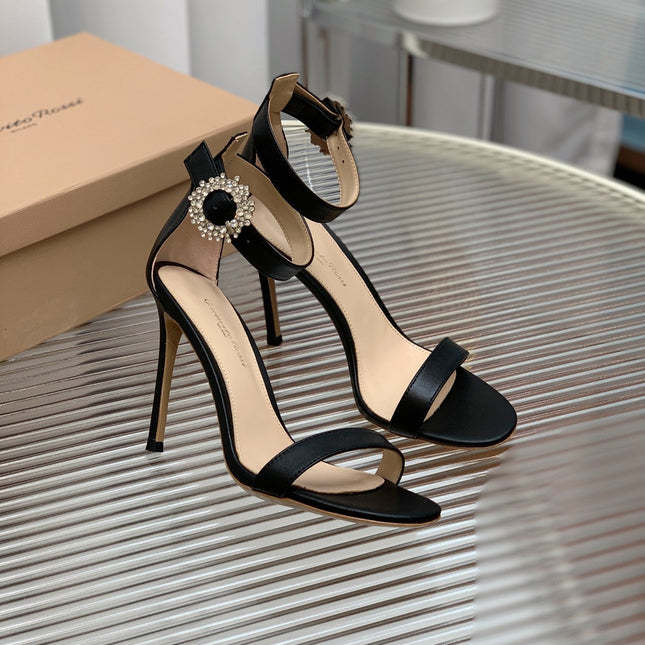 GIANVITO ROSSI 26S HIGH HEEL SANDALS 105 MM IN BLACK LAMBSKIN WITH CRYSTAL BUCKLE