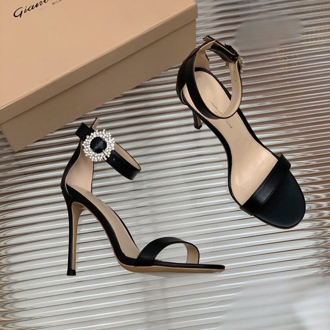 GIANVITO ROSSI 26S HIGH HEEL SANDALS 105 MM IN BLACK LAMBSKIN WITH CRYSTAL BUCKLE