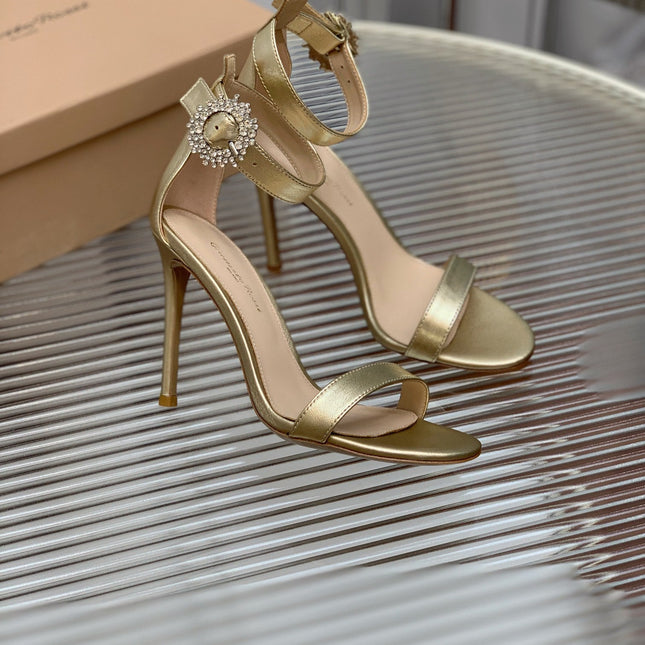 GIANVITO ROSSI 26S HIGH HEEL SANDALS 105 MM IN METALLIC GOLD LAMBSKIN WITH CRYSTAL BUCKLE